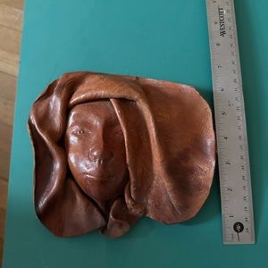 VTG Tribal Leather Woman's Face Hand Tool Molded Haitian Folk Art Wall Decor
